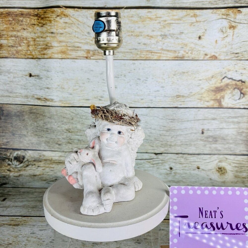 1991 Cast Art DREAMSICLE CHERUB ANGEL W BUNNY White Pink Figurine 10" Table Lamp